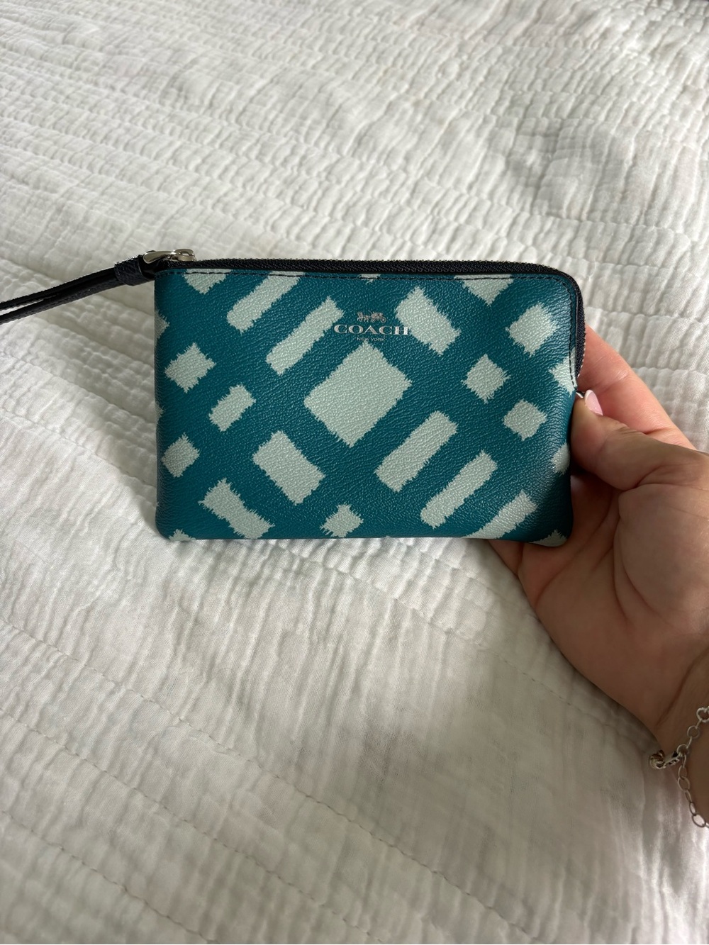 Coach Teal and Cream Geometric Wristlet